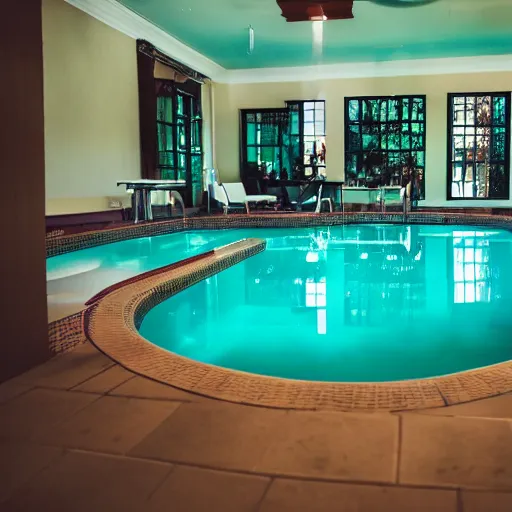 Image similar to dslr photograph of a liminal space indoor pool