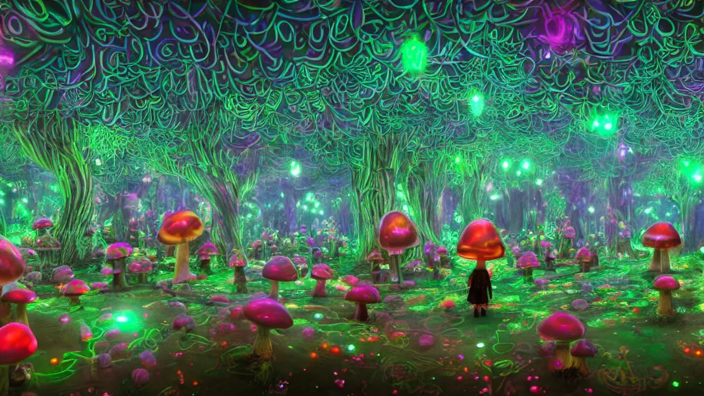 Prompt: 8k, acid trip, hall of mirrors, ultra detailed, a hyperrealistic image of a mycelium forest with neon glowing mushrooms, with magical creatures, in the style of earthbound ,trending on patreon, artstation, deviantart. Unreal engine