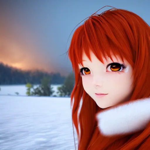 Image similar to render as a very beautiful 3d anime girl, short orange red hair, hazel eyes, full round face, short smile, cute bikini, snowy hills, snowing, cinematic lightning, medium shot, mid-shot, highly detailed, trending on Artstation, Unreal Engine 4k, cinematic wallpaper