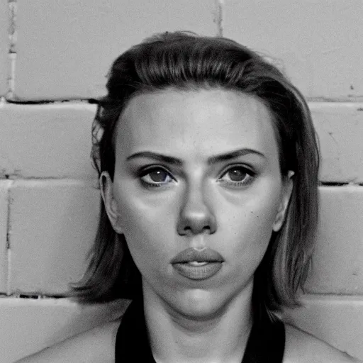 Image similar to scarlett johansson mugshot in jail, canon 3 5 mm photography