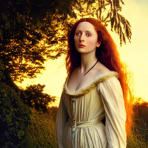 Image similar to photographic portrait of a stunningly beautiful renaissance pre raphaelite lady guinevere female in soft dreamy light at sunset, contemporary fashion shoot, by edward robert hughes, annie leibovitz and steve mccurry, david lazar, jimmy nelsson, breathtaking, 8 k resolution, extremely detailed, beautiful, establishing shot, artistic, hyperrealistic, beautiful face, octane render