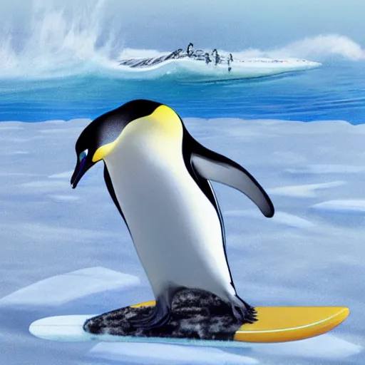 Prompt: emperor penguin surfing riding a big wave using an ice floe as surfboard, trending on artstation