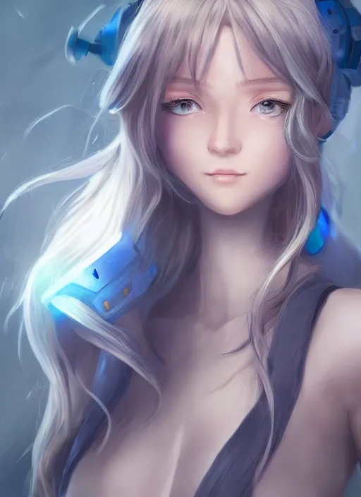 Image similar to covid - 1 9 as girl, humanization, anime, beautiful, pretty face, blue cyborg eyes, innocent, scifi, 4 k, sun yunjoo, ultra realistic, aura of light, cinematic lighting, highly detailed, sharp focus, artstation, masterpiece, art by hyungjin yang