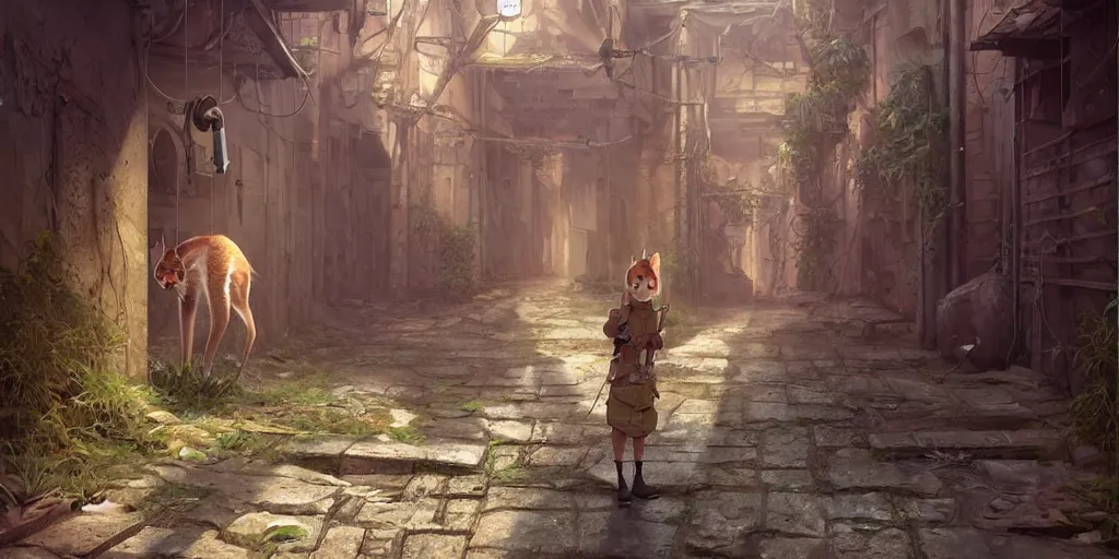 Image similar to a cute caracal in an abandoned alleyway, medium shot, waist up, studio Ghibli, Pixar and Disney animation, sharp, very detailed, high resolution, Rendered in Unreal Engine 5, anime key art by Greg Rutkowski, Bloom, dramatic lighting