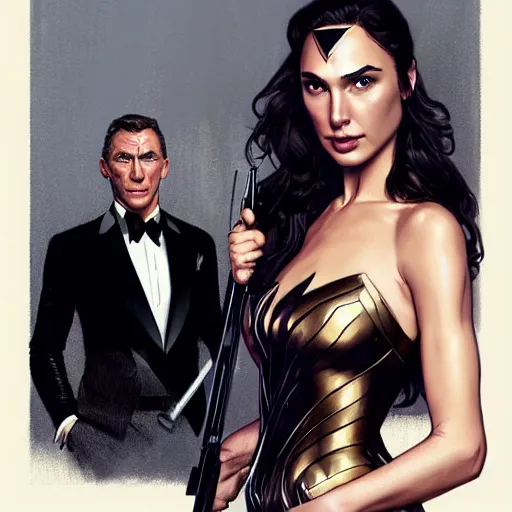 Prompt: gal gadot as james bond wearing a tuxedo, portrait, highly detailed, digital painting, artstation, concept art, sharp focus, illustration, art by artgerm and greg rutkowski and alphonse mucha