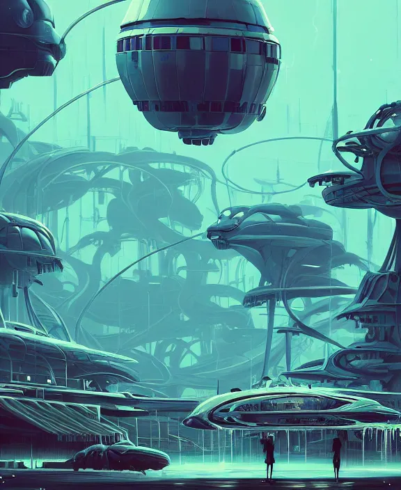 Image similar to simplicity, an amusement park made out of simple weird organic creatures, in the style of a streamlined asymmetrical spaceship, bleak apocalyptic environment, by dan mumford, yusuke murata, makoto shinkai, ross tran, cinematic, unreal engine, cel shaded, featured on artstation, pixiv