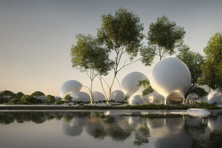 Image similar to a building composed of many white spherical egg shaped circular spaces and boolean combinations stacked together. on the calm lake, people's perspective modern curved architecture, future, wood, marble, metal award winning, highly detailed 4 k art, dusk, unreal engine highly rendered, global illumination, radial light, internal environment by kazuyo sejima