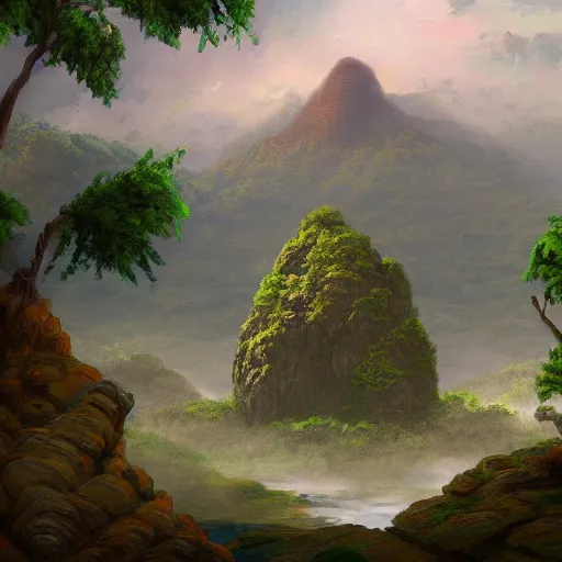 Image similar to painting of a small desolate jungle island with a prominent large rock formation in the shape of a gorillas head, trending on artstation