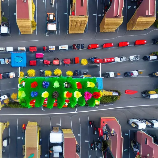 Image similar to drone shot of traffic on sesame street with muppets colorful cel shading, cookie monster, elmo, oscar the grouch