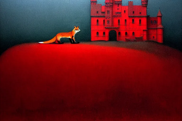 Image similar to only with red, in a red dream world, a crimson tiger, a big deal, a red fox, a castle in the background, in the style of beksinski, part by hopper, part by rodcenko, part by hofbauer, intricate composition, red by caravaggio, insanely quality, highly detailed, masterpiece, red light, artstation