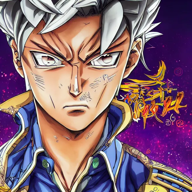 Image similar to handsome anime man channels the universe's energy in the style of jojo's bizarre adventure, ultrafine hyperrealistic detailed face illustration by kim jung gi, toriyama, intricate linework, sharp focus, bright colors, matte, octopath traveler, final fantasy, unreal engine highly rendered, global illumination, radiant light, intricate rainbow environment