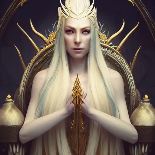 Prompt: tall elven queen sitting on the throne, full body, long white hair, pale skin, golden coloured eyes, stunning 3 d render inspired art by greg rutkowski and xiang duan and thomas eakes, realistic, highly detailed attributes and atmosphere, dim volumetric cinematic lighting, 8 k octane detailed render, post - processing, masterpiece,