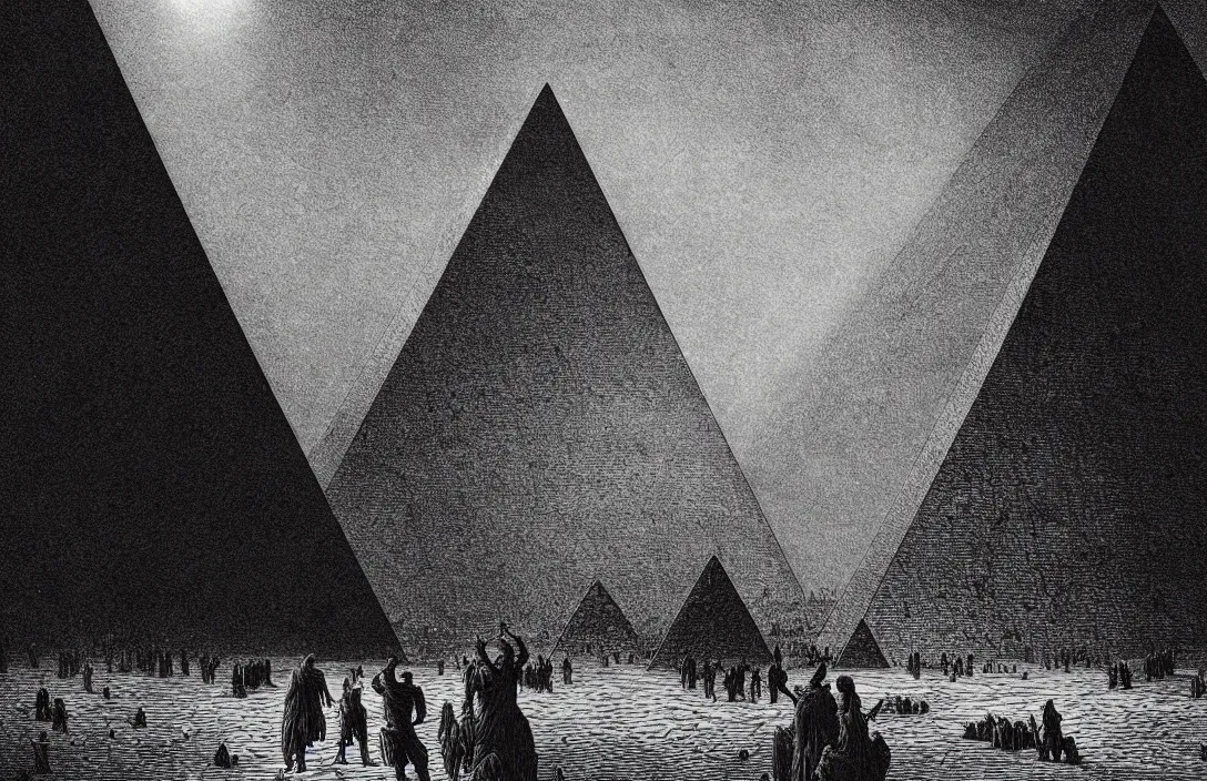Image similar to the pyramid of figures is drawn together intact flawless ambrotype from 4 k criterion collection remastered cinematography gory horror film, ominous lighting, evil theme wow photo realistic postprocessing gustave dore hd illustration work of art directed by kurosawa by ghibli jan van der heyden