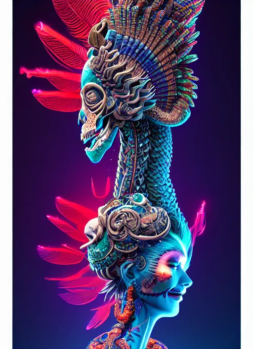 Image similar to 3 d goddess with tattoos profile portrait, sigma 5 0 0 mm f / 5. beautiful intricate highly detailed quetzalcoatl skull and feathers. bioluminescent, plasma, lava, ice, water, wind, creature, thunderstorm! artwork by tooth wu and wlop and beeple and greg rutkowski, 8 k trending on artstation,