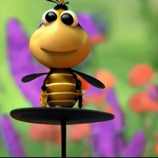 Image similar to a pixar still of a honeybee wearing a top hat