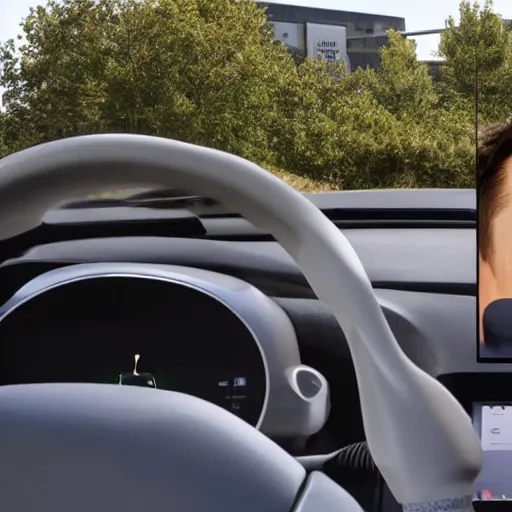 Image similar to Elon Musk driving a Rivian, Elon Musk Face seen through windshield