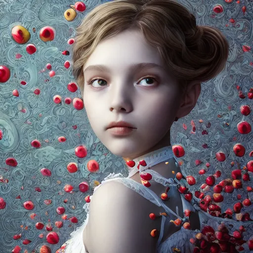 Prompt: the portrait of an absurdly beautiful, graceful, elegant, sophisticated, fashionable little girl made of apples and white petals looking down, an ultrafine hyperdetailed illustration by kim jung gi, irakli nadar, intricate linework, bright colors, octopath traveler, final fantasy, unreal engine 5 highly rendered, global illumination, radiant light, detailed and intricate environment
