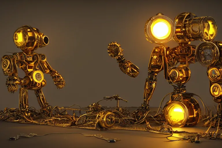 Image similar to a golden and blue metal humanoid steampunk robots wearing and gears and tubes is sitting on the ground, meditation, eyes are glowing red lightbulbs, shiny crisp finish, 3 d render, 8 k, insaneley detailed, fluorescent colors