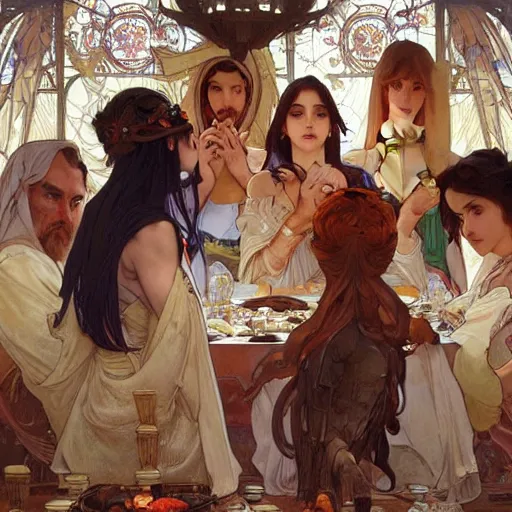 Prompt: The Last Supper Beautiful painting by Artgerm and Greg Rutkowski and Alphonse Mucha