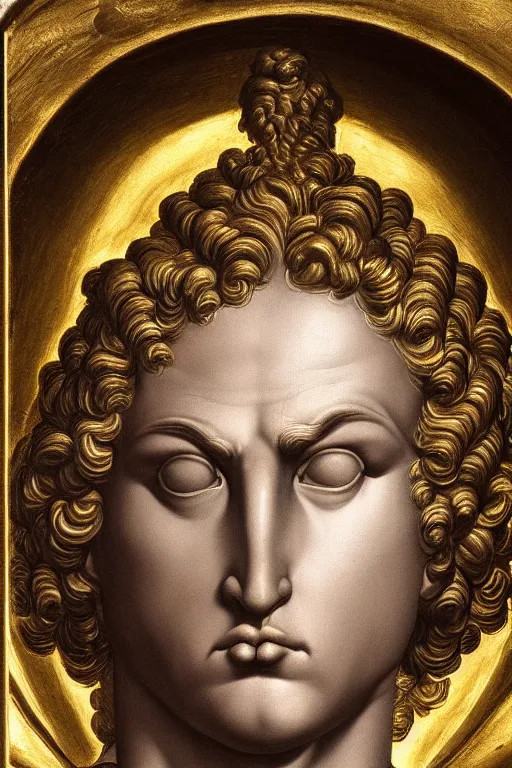 Image similar to archangel Michael, angry face, closeup, ultra detailed, made in gold, Guido Reni style