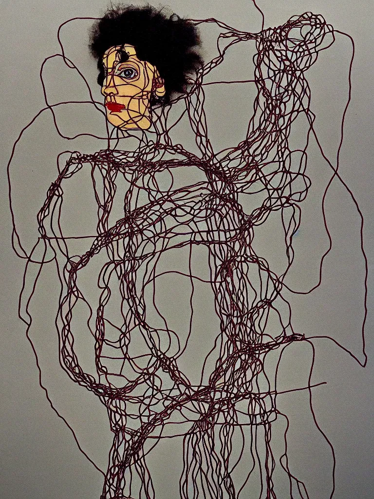 Prompt: wire art full body portrait inspired by egon schiele