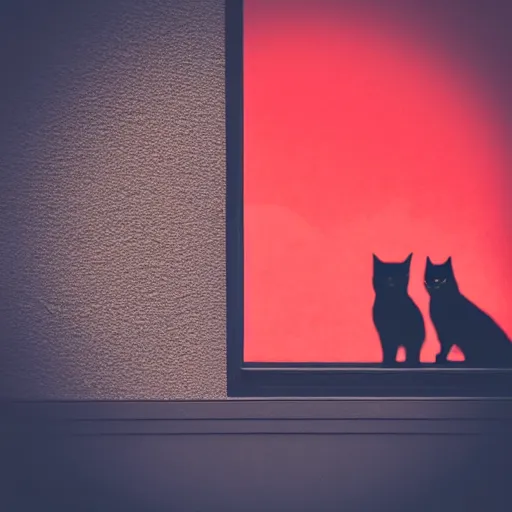 Prompt: two black cats looking through the window, red building and tree in the background, instagram, grainy picture, natural nightning