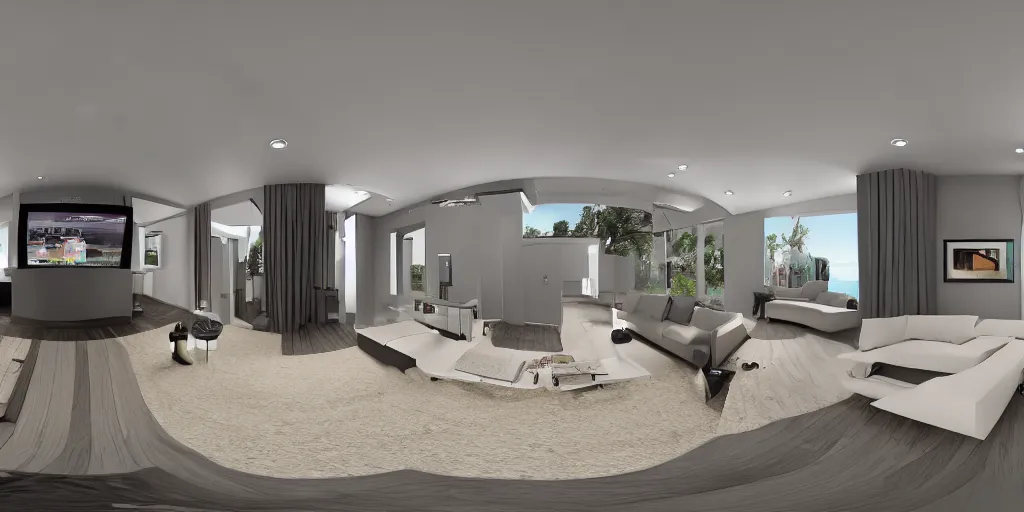 Prompt: Equirectangular GoPro VR render of a modern living room, natural colors, ambient occlusion, national geographic, 8k uhd