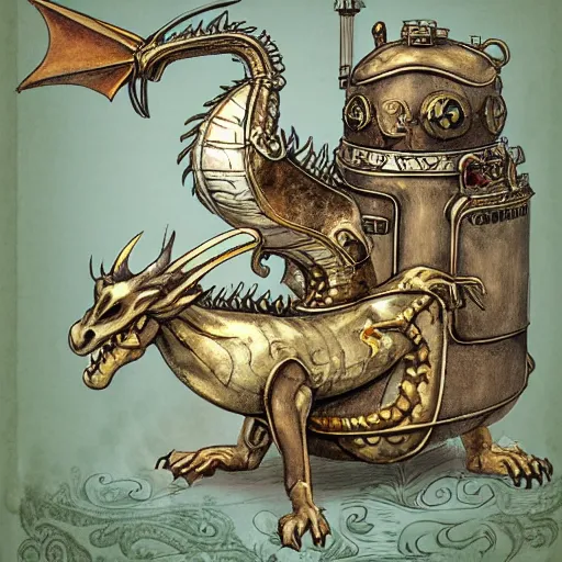 Prompt: a dragon with steam punk brass water tanks and steam pipes on it's side, book illustration, white background in the style of beatrix potter