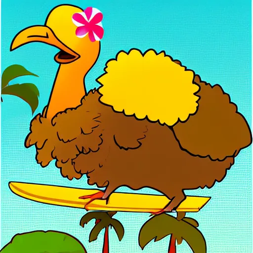 Image similar to cute digital illustration of a dodo bird surfing. super cute. tropical. colorful.