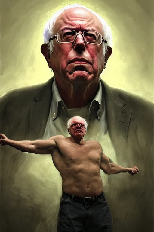 Image similar to portrait of a president bernie sanders posing ultra realistic illustration, a hulking herculean gigachad, bulging muscles, intricate, highly detailed, digital painting, artstation, radiant light, caustics, war hero, concept art, smooth, sharp focus, by gaston bussiere, bayard wu, giger, maxim verehin