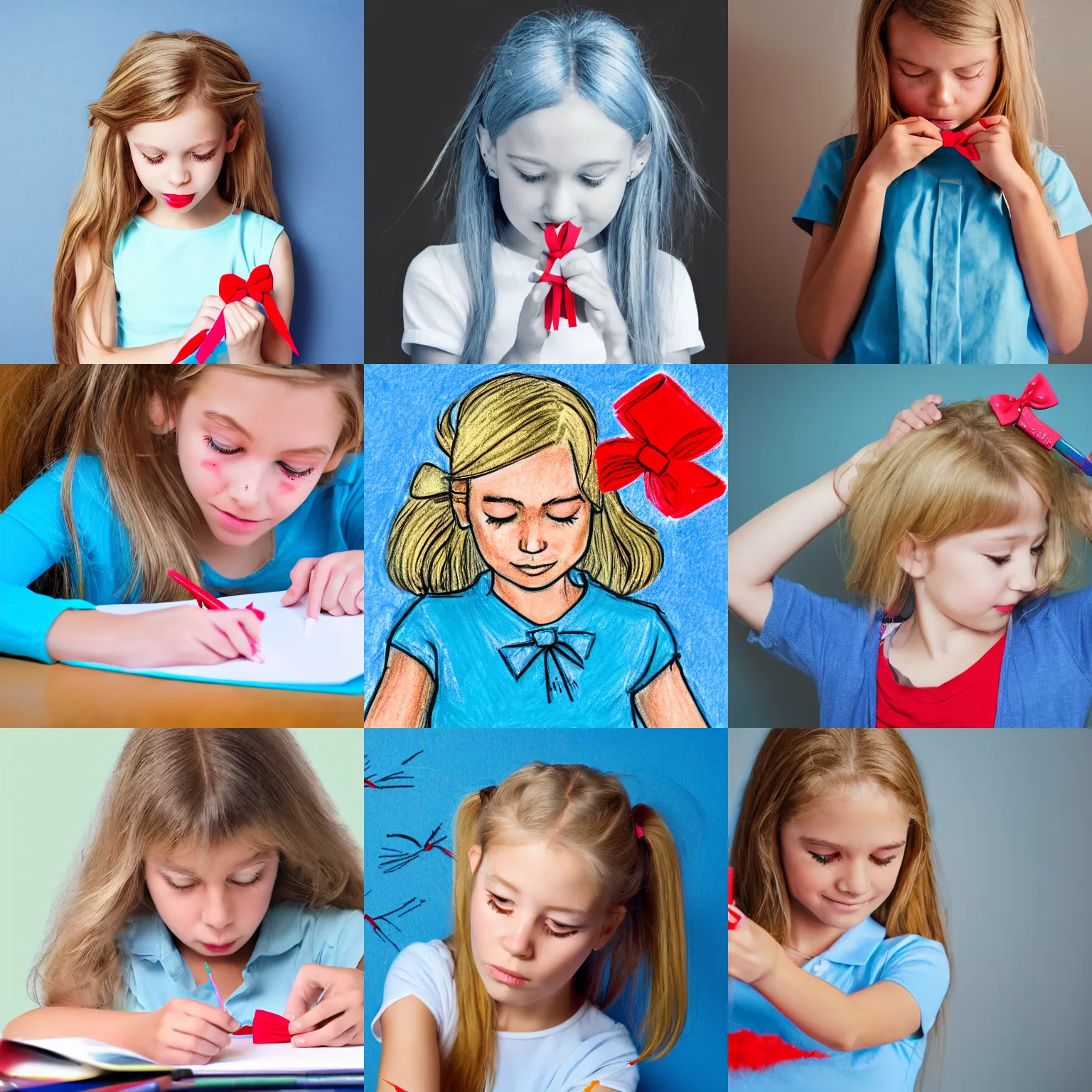 Prompt: blonde 7yo girl in light-blue shirt, tiny bow in hair, sobbing tears and drawing with red crayon, realistic photo