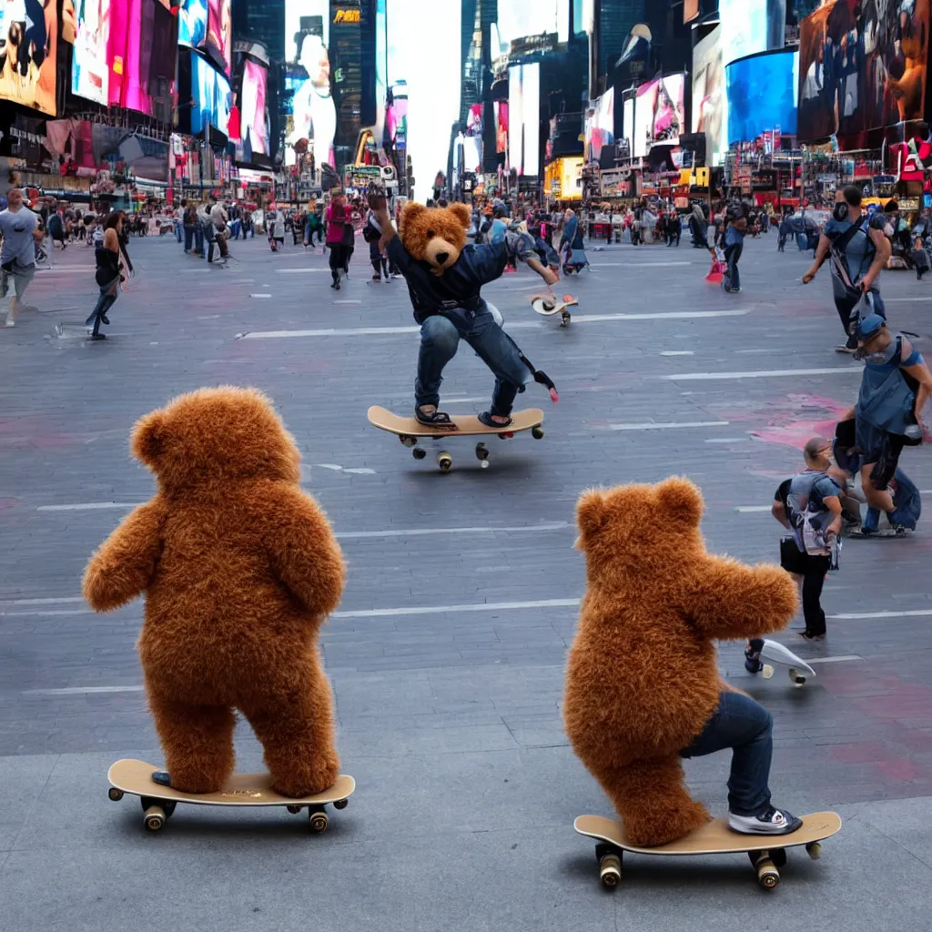 Prompt: a teddybear on a skateboard in times square