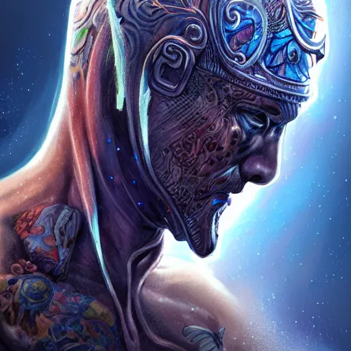 Image similar to an Artstation 3d render of Very very very very highly detailed beautiful mystic head and torso portrait of a phantom warrior with galaxy, tattoos by Anton Pieck, intricate, extremely detailed, digital painting, artstation, concept art, smooth, sharp focus, illustration, intimidating lighting, incredible art,