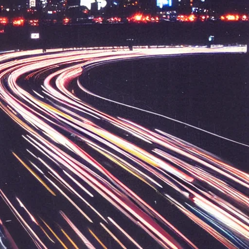 Image similar to nissan skyline r 3 3 rides on tokyo highway, night, high traffic, photograph from 1 9 9 9 year