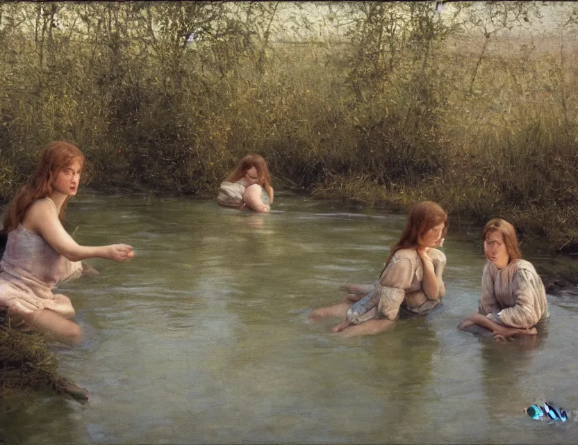 Image similar to peasant girls swimming in a river, cottage core, cinematic focus, polaroid photo bleached vintage pastel colors high - key lighting, soft lights, foggy, by steve hanks, by lisa yuskavage, by serov valentin, by tarkovsky, 8 k render, detailed, oil on canvas