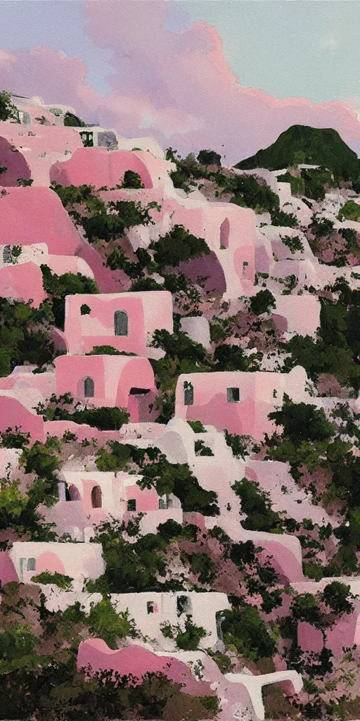 Image similar to overgrown ruins of santorini with pink sky, painting by ashley wood