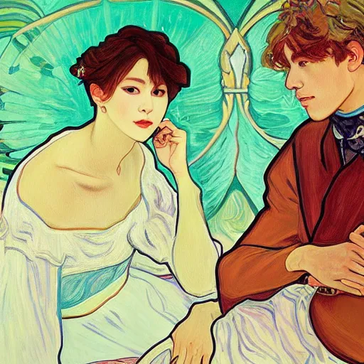 Prompt: painting of taehyung and gorgeous rina together at the cucumber soup party, elegant, clear, innocent, painting, stylized, art, art by alphonse mucha, vincent van gogh, egon schiele,