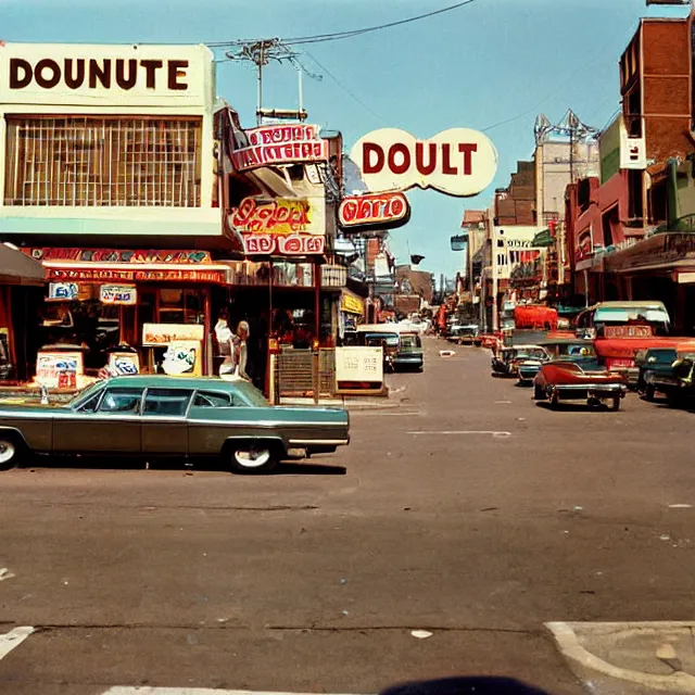 Image similar to kodachrome photograph of a city street with many donut shops, donut stores, 1 9 6 7 in the year 1 9 6 7, saturated photograph