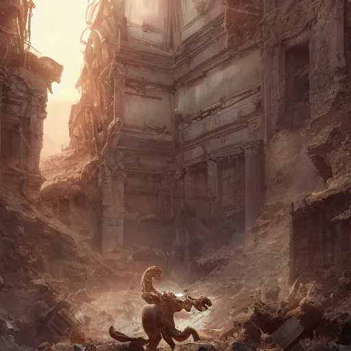 Prompt: golden mammoth golden golden mammoth in a ruined city in a ruined city stylized artgerm artstation hd cgsociety cgi realistic dramatic cinematic artistic trending detailed