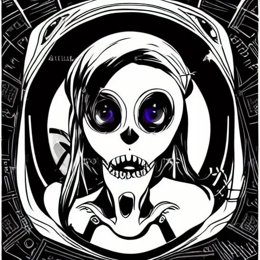 Image similar to anime manga skull portrait girl female skeleton astronaut illustration ditko and alphonse mucha pop art nouveau