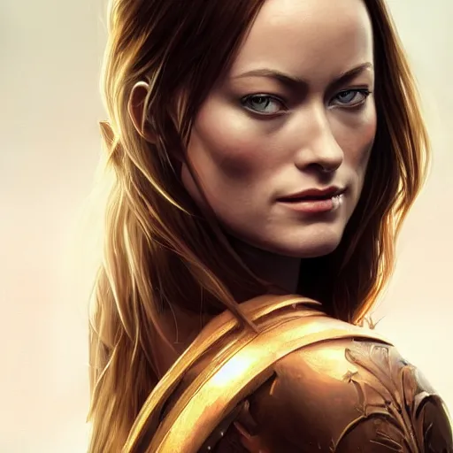 Image similar to Olivia Wilde, portrait, fantasy, medieval, beautiful face, vivid colors, elegant, concept art, sharp focus, digital art, Hyper-realistic, 4K, Unreal Engine, Highly Detailed, HD, Dramatic Lighting by Brom, trending on Artstation