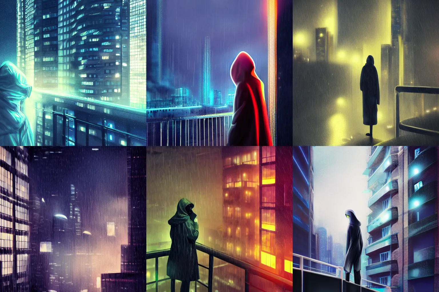 Prompt: Futuristic city at night in the rain, close-up of a person wearing a hooded garment, leaning on a balcony railing with eyes closed, smoking a cigarette, soft lighting, digital art, trending on artstation