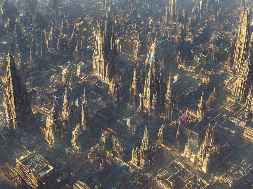 Prompt: big iridescent city with a few extremely tall spiking towers, unreal engine 5, art by artgerm and greg rutkowski and alphonse mucha, global illumination, detailed and intricate environment, hyperrealistic, volumetric lighting, epic cinematic shot, perfectly defined features, ambient occlusion