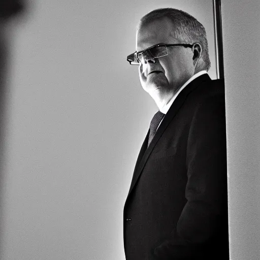 Prompt: ultrarealistic photo of former prime minister scott morrison lurking in the shadows in the style of film noir, 8 k, raw, unedited, symmetrical balance, in - frame