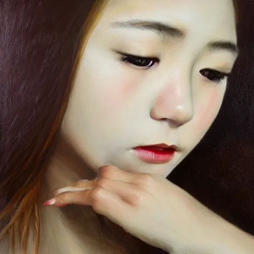 Image similar to perfect, realistic oil painting of close-up japanese young woman wearing leather jacket