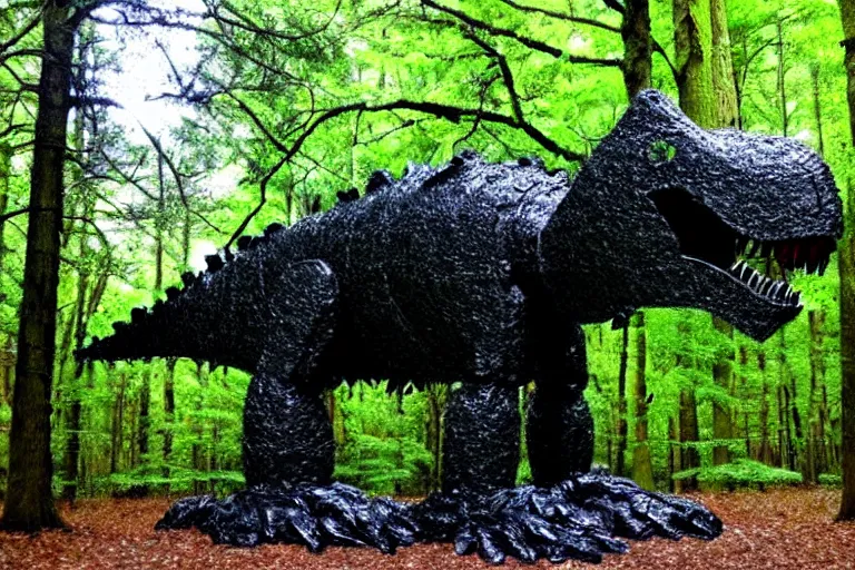 Image similar to mossy recycled tire sculpture of a tyrannosaurus in the forest