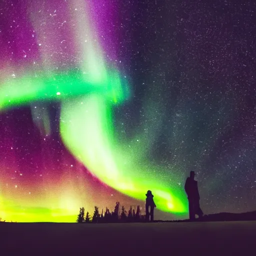 Image similar to human as a planet with stars in sky and green northern lights