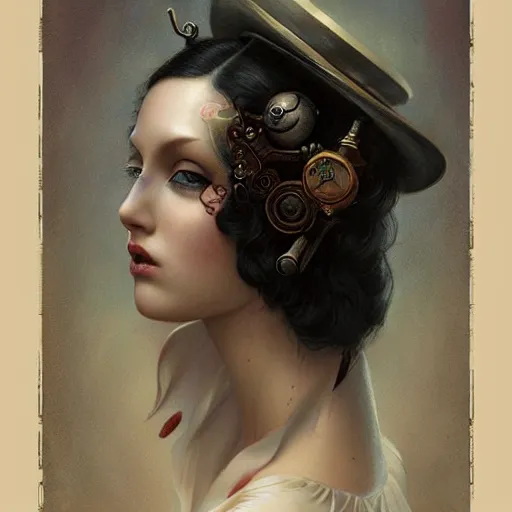 Prompt: tom bagshaw, soft painting of a curiosities carnival steampunk, blessing, porcelain beautiful young tight mask in tight top bottom dress, perfectly detailed, symmetrical accurate intricate sensual features, highly detailed, artstation, sharp focus