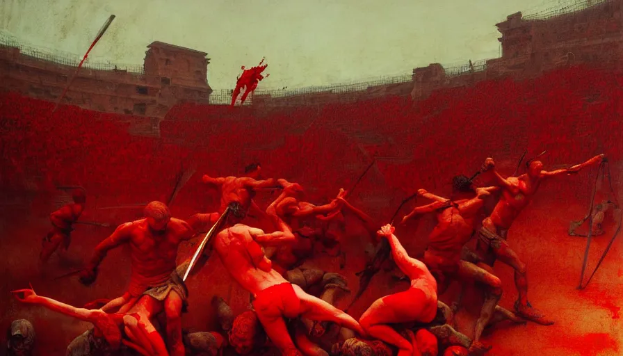 Image similar to only with red, bloody gladiator battle in a crowded roman amphitheatre, crowd cheering, in the style of beksinski and edward hopper and rodcenko and yue minjun and greg rutkowski, intricate and epic composition, red by caravaggio, highly detailed, masterpiece, red light, artstation, art nouveau