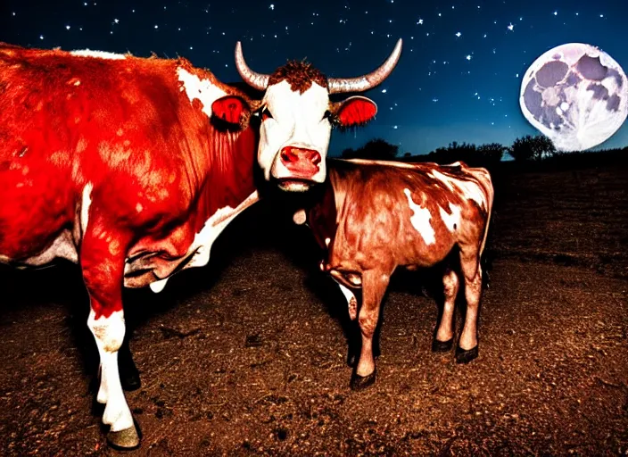 Prompt: photo dirty old homeless kissing red cow, moon, night sky,